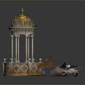 Ornate Garden Gazebo With Golden Dome Columns And Wooden Chair Table