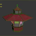 Red Traditional Pavilion Structure With Multi layered Roof And Spire Top Windows