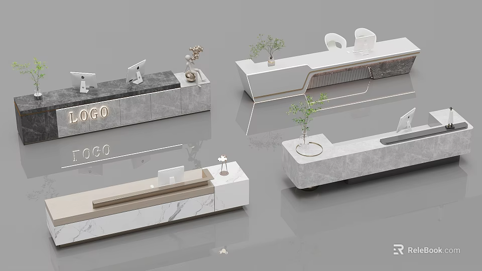 Modern Reception Desk Design With Marble Surface Green Plants And Logo 3d model