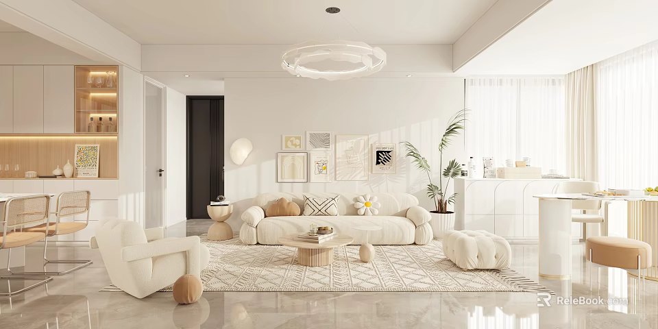 Modern Living Dining Room Interior With White Sofa Coffee Table Chandelier And Wall Art 3d model 