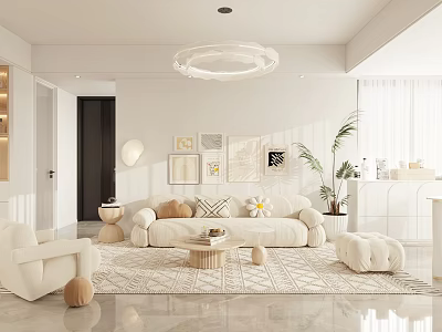 Modern Living Dining Room Interior With White Sofa Coffee Table Chandelier And Wall Art 3d model
