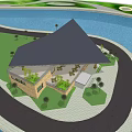 Modern Architectural Structure With Unique Roof Design Palm Trees Green Slope And Water Reflection