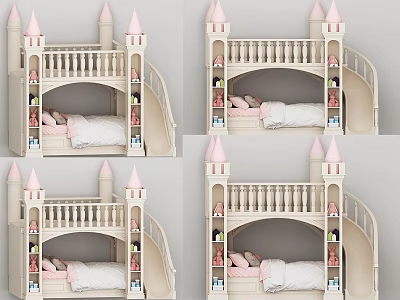 Castle Shaped Kids Bunk Bed With Pink Turrets Slide and Storage for Children Bedroom 3d model
