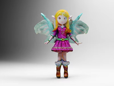 Game Movie Character Fairy With Golden Hair Blue Wings Purple Dress And Brown Boots 3d model