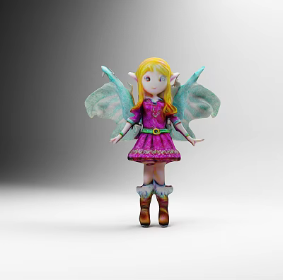 Game Movie Character Fairy With Golden Hair Blue Wings Purple Dress And Brown Boots 3d model