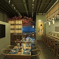 Traditional Japanese Restaurant Interior With Wooden Ceiling Washi Lanterns Wave Mural And Green Plants