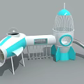 Rocket Shaped Sci Fi Toy With Blue White Design Turbine And Gun Like Structure Platform