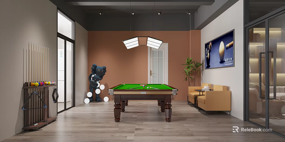 Modern Billiard Room Interior Featuring Green Table Hanging Lights Sofa And Potted Plant 3d model 