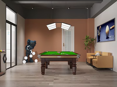 Modern Billiard Room Interior Featuring Green Table Hanging Lights Sofa And Potted Plant 3d model