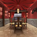 Traditional Chinese Dining Room With Red Draped Ceiling Red Lanterns Brick Walls And Wooden Furniture