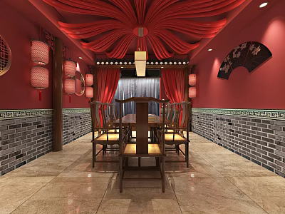 Traditional Chinese Dining Room With Red Draped Ceiling Red Lanterns Brick Walls And Wooden Furniture 3d model