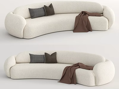 Modern Curved Beige Sectional Sofa With Soft Fabric Decorative Pillows And Cozy Blanket 3d model