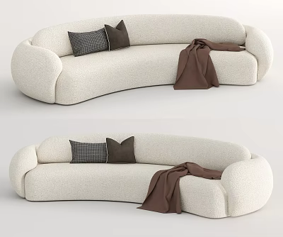 Modern Curved Beige Sectional Sofa With Soft Fabric Decorative Pillows And Cozy Blanket 3d model