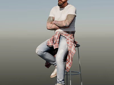 Bearded Man In White T-Shirt With Tattooed Arms Sitting On Bar Stool Against Gradient Background 3d model