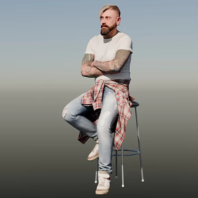 Bearded Man In White T-Shirt With Tattooed Arms Sitting On Bar Stool Against Gradient Background 3d model