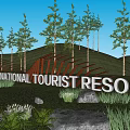 Orange Curved Feature Wall at International Tourist Resort with Trees Grassland Stones and Blue Sky