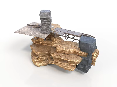 3D Scene Structure With Golden Gray Black Rocks And Metal Bridge Platform 3d model