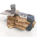 3D Scene Structure With Golden Gray Black Rocks And Metal Bridge Platform