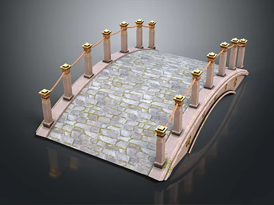 Decorative Stone Bridge With Stone Slab Deck Golden Pillars And Rope Railings 3d model