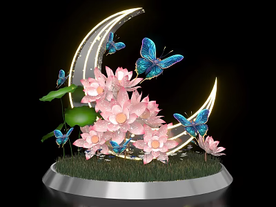 Art Installation With Illuminated Moon Pink Lotus Flowers Blue Butterflies Lily Pads And Silver Base 3d model