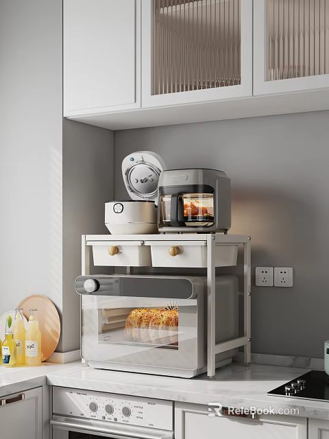 Elegant Modern Kitchen Storage Shelf With White Drawers Glass Doors And Appliances 3d model 