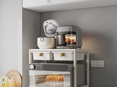 Elegant Modern Kitchen Storage Shelf With White Drawers Glass Doors And Appliances 3d model