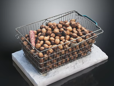 Wire Metal Shopping Basket Filled With Nuts On Marble Countertop With Blue Handle 3d model