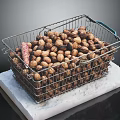 Wire Metal Shopping Basket Filled With Nuts On Marble Countertop With Blue Handle