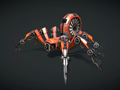 Futuristic Mechanical Spider Sci Fi Creature With Orange Black Body And Mechanical Legs 3d model