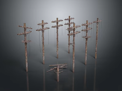 Multiple Weathered Wooden Utility Poles With Cross Arms And Hanging Wires 3d model