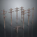 Multiple Weathered Wooden Utility Poles With Cross Arms And Hanging Wires
