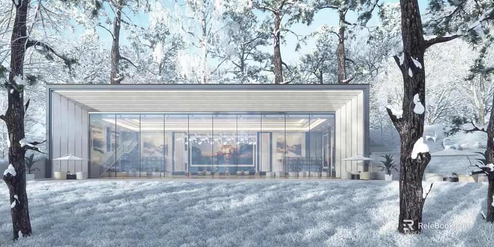 Modern House with Sleek Exterior and Large Glass Windows in Snowy Forest 3d model 