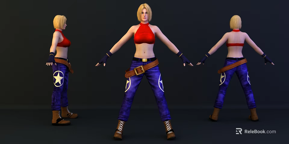 Blonde Female Game Movie Character In Red Top Blue Star Pants Black Gloves Brown Boots 3d model 