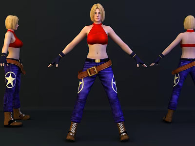 Blonde Female Game Movie Character In Red Top Blue Star Pants Black Gloves Brown Boots 3d model