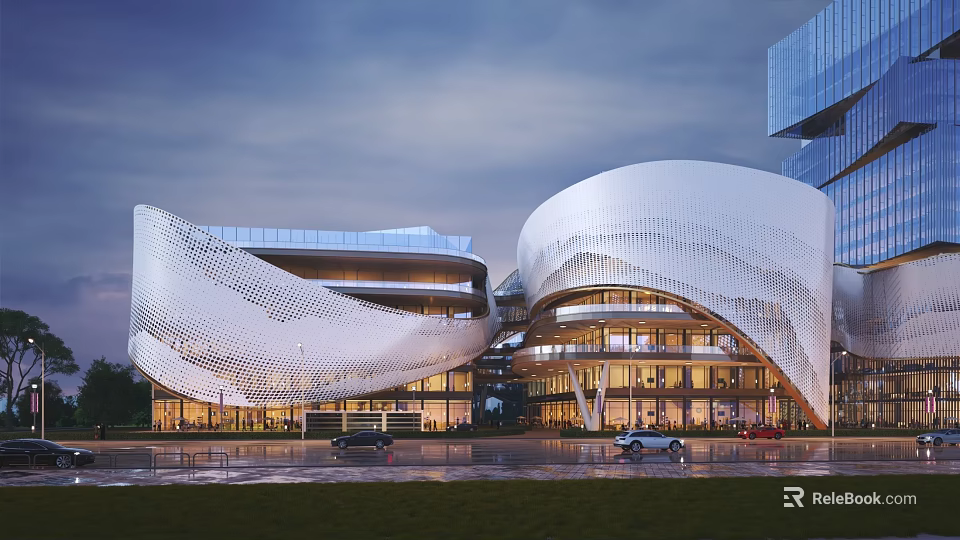 Modern Commercial Street Architecture With Curved White Facade Glass Elements And Illuminated Design 3d model 