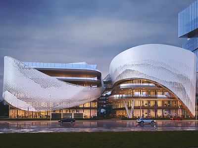 Modern Commercial Street Architecture With Curved White Facade Glass Elements And Illuminated Design 3d model