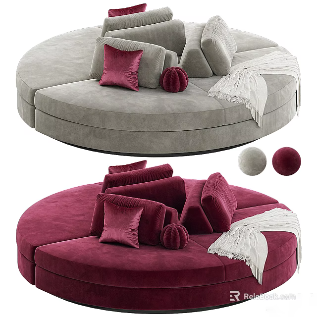 Modern Round Sectional Sofa With Burgundy Gray Velvet Upholstery Decorative Pillows And Soft Throw Blanket 3d model 