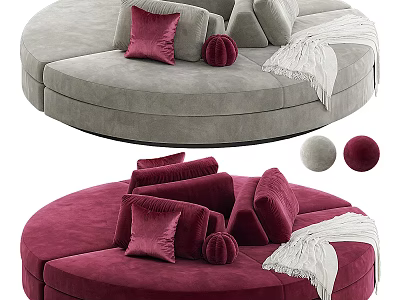 Modern Round Sectional Sofa With Burgundy Gray Velvet Upholstery Decorative Pillows And Soft Throw Blanket 3d model