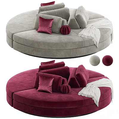 Modern Round Sectional Sofa With Burgundy Gray Velvet Upholstery Decorative Pillows And Soft Throw Blanket 3d model