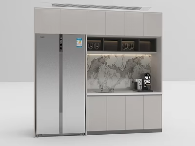 Modern Sideboard Interior With Cabinets Fridge Marble Countertop And Backsplash 3d model