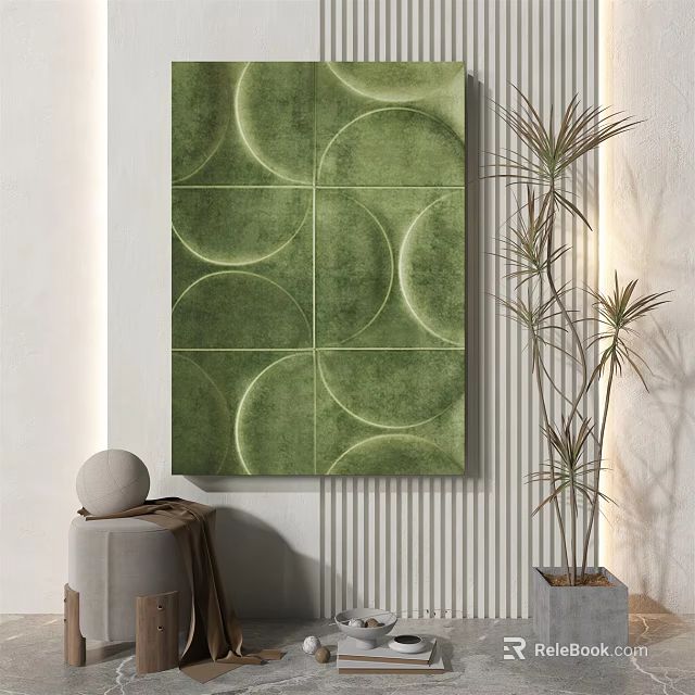 Green Abstract Art With Circular Patterns And Geometric Design Near Plant And White Decor 3d model 