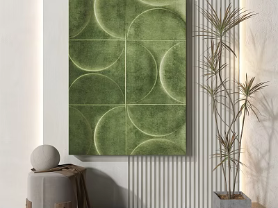 Green Abstract Art With Circular Patterns And Geometric Design Near Plant And White Decor 3d model