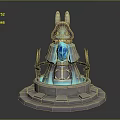 Rabbit Eared Character In Cloak With Blue Crystal On Glowing Pedestal And Spiked Decorations