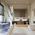Modern Bathroom With Blue Glass Bathtub Double Sinks Marble Vanity Mirror Toilet And Window Blinds