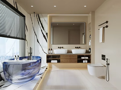 Modern Bathroom With Blue Glass Bathtub Double Sinks Marble Vanity Mirror Toilet And Window Blinds 3d model