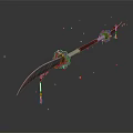 Ornate Long Handled Weapon With Sharp Curved Blade Red Accents And Floating Red Particles 3d model