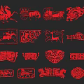 Red Ancient Chinese Traditional Motifs Including Chariot Animal And Vessel Designs