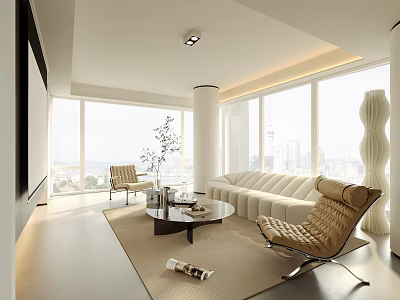 Modern Living Room Interior Design With White Sofa Brown Armchairs Coffee Table And City View 3d model