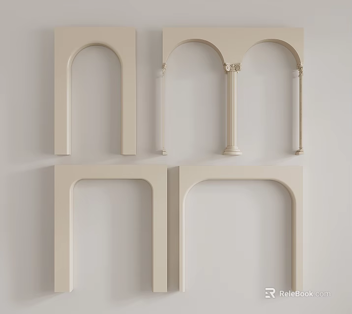 Cream Colored Decorative Frames With Arched And Rectangular Designs On Light Wall 3d model