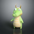 Green Cartoon Game and Movie Character With Golden Horns Big Eyes And Yellow Striped Belly